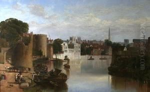 View Of The Ruins Of The Water Tower, Theriver Frontage Of The Guildhall And The Lantern Tower Of The Churchof St. Helens, From The River Ouse, York
