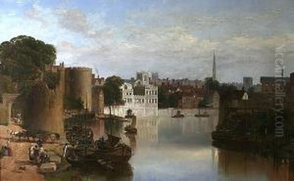 View Of The Ruins Of The Water Tower, The River Frontage Of The Guildhall And The Lantern Tower Of The Church Of St. Helens, From The River Ouse, York - view 1
