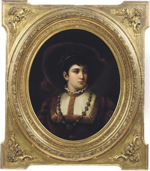 Portrait Of A Lady, Bust-length, In A Red Dress And Hat, A Medallion At Her Corsage, In An Oval Mount - view 1