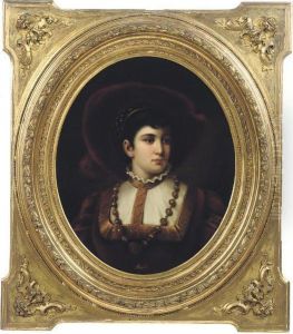 Portrait Of A Lady, Bust-length, In A Red Dress And Hat, A Medallion At Her Corsage, In An Oval Mount Portrait Of A Lady, Bust-length, In A Red Dress And Hat, A Medallion At Her Corsage, In An Oval Mount