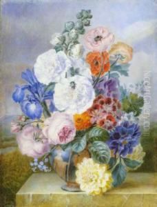 Nature Morte Au Vase De Fleurs Sur Un Entablement De Marbre