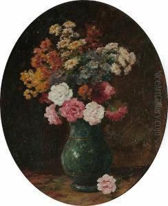 Still Life Of Flowers In A Green Vase by Eugene Richet