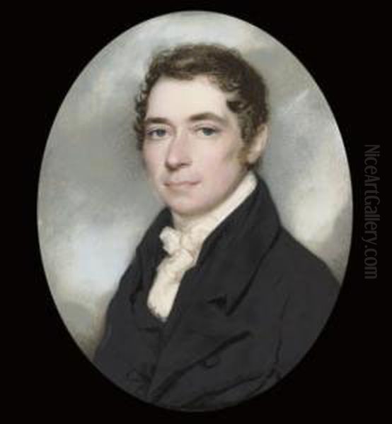 A Young Gentleman, In Black Coat And Waistcoat, Frilled White Cravat, Dark Curly Hair - view 1
