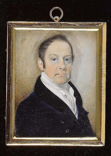 A Gentleman, Wearing Blue Coat With Black Collar, White Waistcoat, Chemise And Cravat Held With Gold Stickpin. - view 1