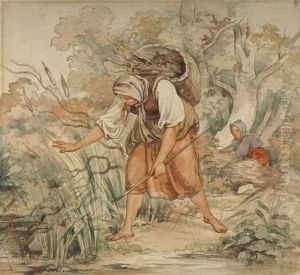 Schilf Schlagende Bauerin Mit Kiepe Auf Dem Rucken. by August Richter