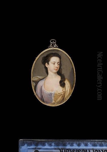 A Lady, Wearing Lilac Dress With Laced Bodice Over White Chemise And Beige Cloak, Her Brown Hair Falling Over Her Left Shoulder. - view 1