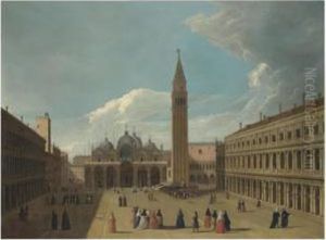 Venice, A View Of The Piazza San Marco, With Figures Gathered Roundan Artist Painting A Portrait On A Stage by Johann Richter