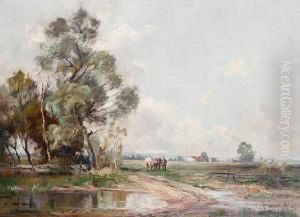 Herdsman And Cattle In An Open Landscape,schleisheim by Klaus Richter