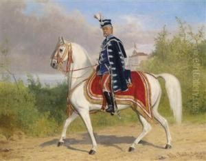 Officer Of The Hungarian Hussars On Horseback by Wilhelm Richter