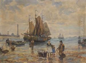 Hollandische Fischerbeim Entladen Ihrer Boote Am Strand
