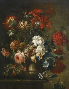 Pavots, Lis, Roses Blanches Et Mousseuses, Branches De Capucines Et Liserons Dans Un Vase En Pierre Sur Un Entablement by Nicolas Ricoeur