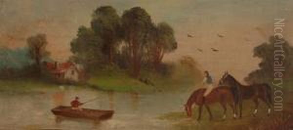Jockey And Horses On A Riverbank - view 1