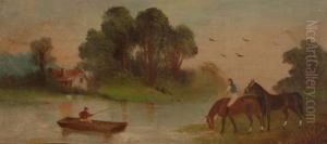 Jockey And Horses On A Riverbank by Philip H. Rideout