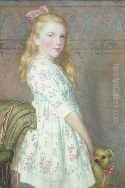 Portrait Of A Young Girl Standing In A Rose Printed Dress And Holding A Teddy Bear - view 1