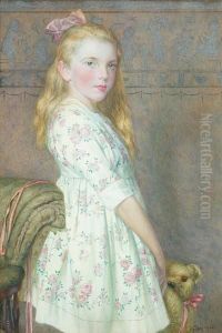 Portrait Of A Young Girl Standing In A Rose Printed Dress And Holding A Teddy Bear by Edward Ridley