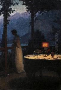 Table Dressee Sur La Terrasse Devant Le Lac by Marcel Rieder