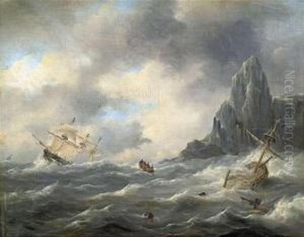 Sailing-ships In Rough Sea At A Rocky Coast. - view 1