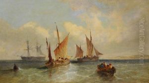 Segelschiffe Und Ruderboot Vor Kustenlandschaft by Albert Rieger