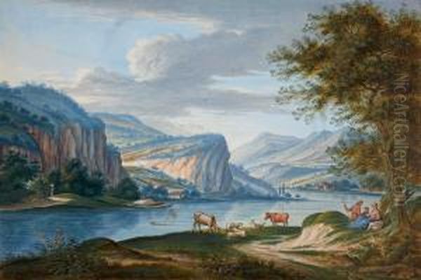 Zwei Flusslandschaftenmit Hirtenstaffage - view 1