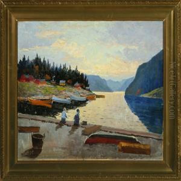 Two Children Sitting On The Pier And Enjoy The View In A Norwegian Fiord - view 1
