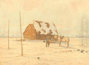 Julius (deutscher Landschafts- Undfigurenmaler Des 20.jhs.), "winterlandschaft Mit Bauernkate Undpferd", Ol Auf Starkem Malkarton, 56 X 75, Unten Links Signiert,r. Julius (deutscher Landschafts- Undfigurenmaler Des 20.jhs.), "winterlandschaft Mit Bauernkate Undpferd", Ol Auf Starkem Malkarton, 56 X 75, Unten Links Signiert,r.