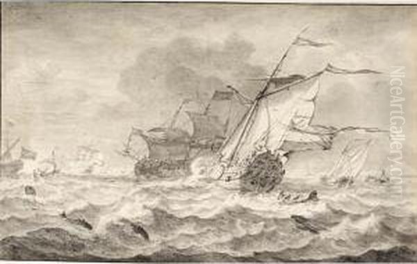 Merchant Ships And Smaller Sailing Boats In A Strong Breeze, Dolphins In The Waves - view 1