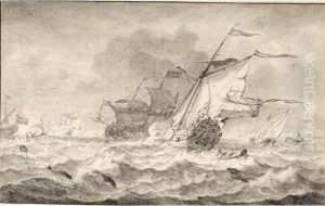 Merchant Ships And Smaller Sailing Boats In A Strong Breeze, Dolphins In The Waves by Hendrik Rietschoof