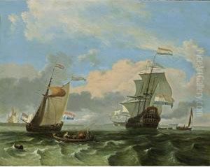A Man-of-war And A States Yacht Together With Other Sailing Vessels In A Stiff Breeze, A Rowing Boat With Fishermen In The Foreground by Hendrik Rietschoof