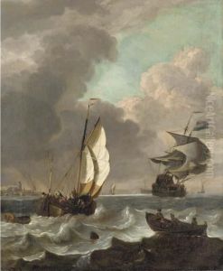 Shipping In A Stiff Breeze Off Dordrecht by Hendrik Rietschoof