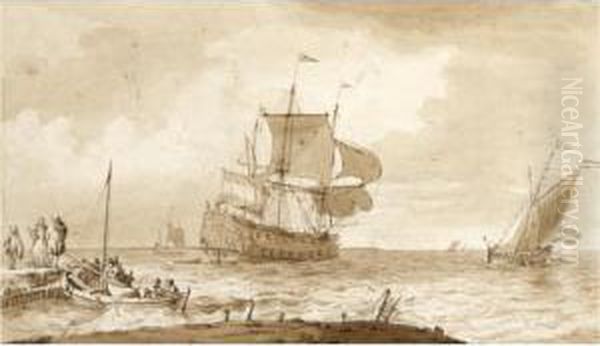 Three Figures Conversing On A Jetty, With A Barge Alongside, And Vessels In The Sea Beyond - view 1