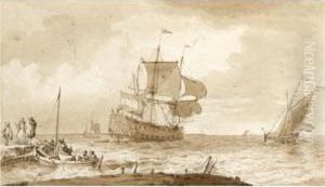 Three Figures Conversing On A Jetty, With A Barge Alongside, And Vessels In The Sea Beyond by Jan Claes Rietschoof