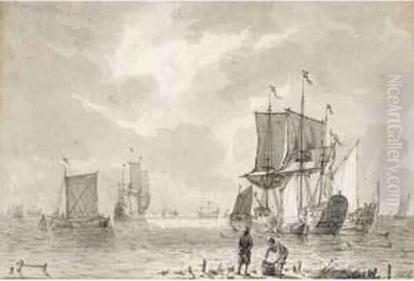 Yachts At Anchor Near The Shore, With Other Vessels Beyond, And Two Fishermen With Their Catch On A Promontory In The Foreground - view 1