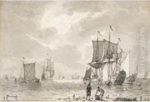 Yachts At Anchor Near The Shore, With Other Vessels Beyond, And Two Fishermen With Their Catch On A Promontory In The Foreground by Jan Claes Rietschoof