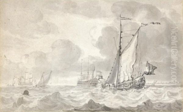 A Single Masted Vessel In A Choppy Sea, With Other Ships In The Distance, And A Town On The Horizon To The Right - view 1