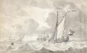 A Single Masted Vessel In A Choppy Sea, With Other Ships In The Distance, And A Town On The Horizon To The Right by Jan Claes Rietschoof