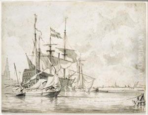 A Dutch Warship At Anchor, With Smaller Boats Moored Alongside by Jan Claes Rietschoof