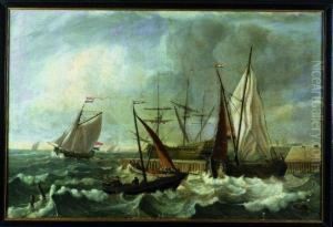 A Wijdschip, A Yacht And A Man Of War Off A Jetty
