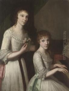 Double Portrait Of Sisters, Three-quarter-length, In White Dresses With Pink And Blue Sashes, The Former Standing With A Posy Of Roses And Orange Blossom In Her Right Hand, The Latter Seated At A Pianoforte