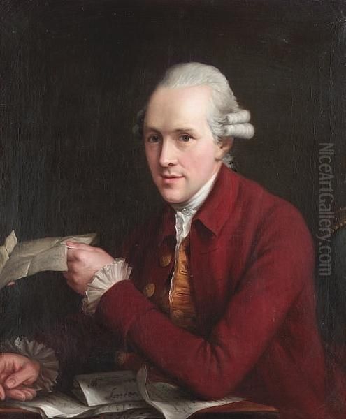 Portrait Of A Gentleman, Half-length, In A Crimson Coat With A Gold Waistcoat, Seated At A Desk, Holding A Letter - view 1
