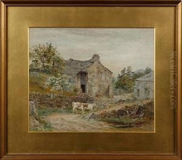 Calves Before A Stone Barn - view 1