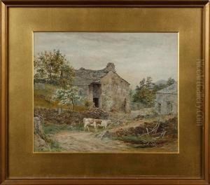 Calves Before A Stone Barn by Cuthbert Rigby