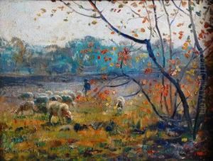 Pastoral Scene With Shepherd And Sheepgrazing by Ernest Higgins Rigg