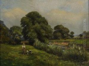 River Landscape With Figure Walking His Dogs by Ernest Higgins Rigg