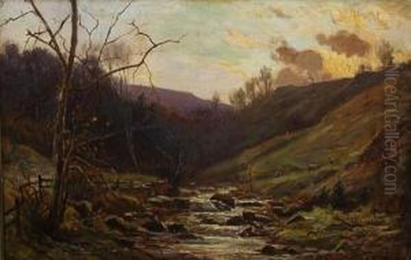Sheep By Mountain Stream At Dusk - view 1