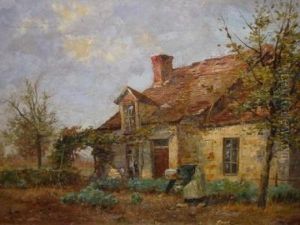 Old Woman In A Cottage Garden At Runswick by Ernest Higgins Rigg