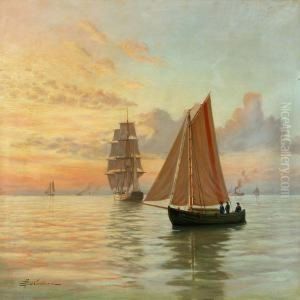 Seascape With Several Wessels In The Evening Sun by Andreas Christian Riis Carstensen