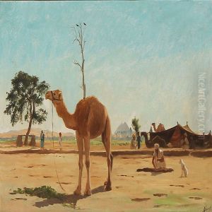 Scene From Egypt With Nomads And Camels, In The Background Two Pyramids by Andreas Christian Riis Carstensen