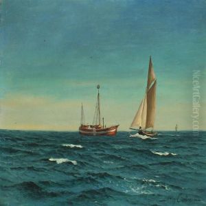 Seascape With Lightship And Sailing Ships by Andreas Christian Riis Carstensen