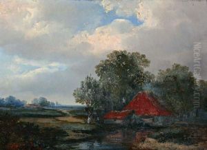 Landschap Met Boerderij Aan Een Sloot by Hermanus Jan Hendrik Rijkelijkhuijsen