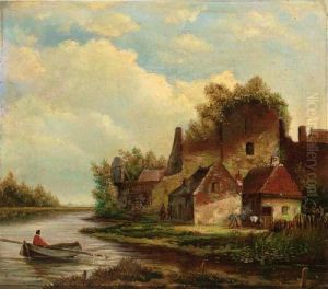 A River Landscape With A Fisherman In A Boat by Hermanus Jan Hendrik Rijkelijkhuijsen